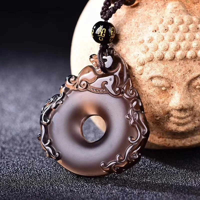 

nature ice class obsidian amulet hand carven Foo Dog pendant with mala bead necklace Very rare