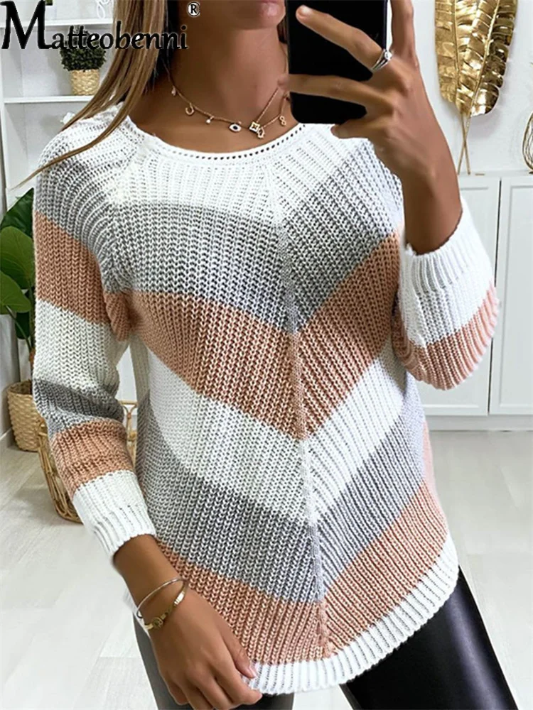 Women's Color Block Stripes Pullover Long Sleeve O-Neck Loose Ladies Sweaters 2021 Autumn Winter New Womens Irregular Jumpers