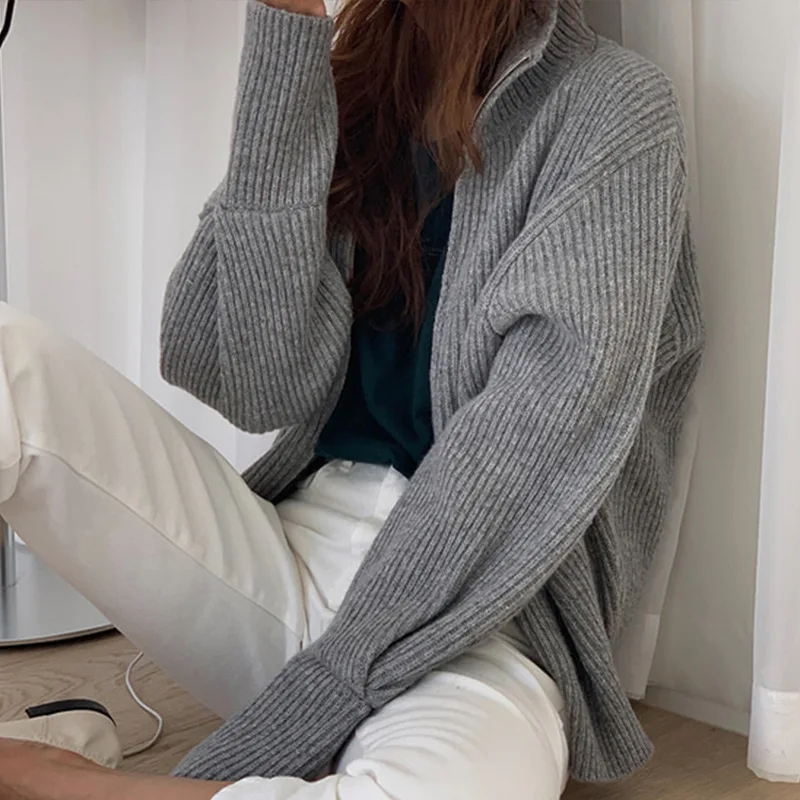 Grey Knitted Coat Women New Spring Autumn Korean Style Vintage Loose Sweater Outwear Zipper Stand-Up Collar Tops Casual