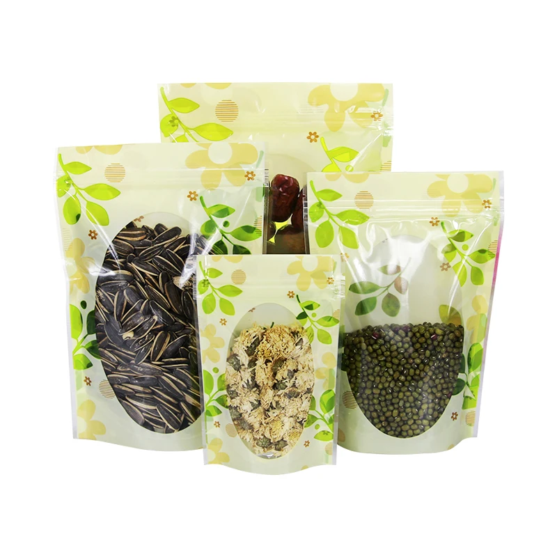 1000Pcs Retail Plastic Ziplock Resealable Packing Bags Tea Dried Flower Fruit Storage Clear Poly Packaging Bag With Leaf Print