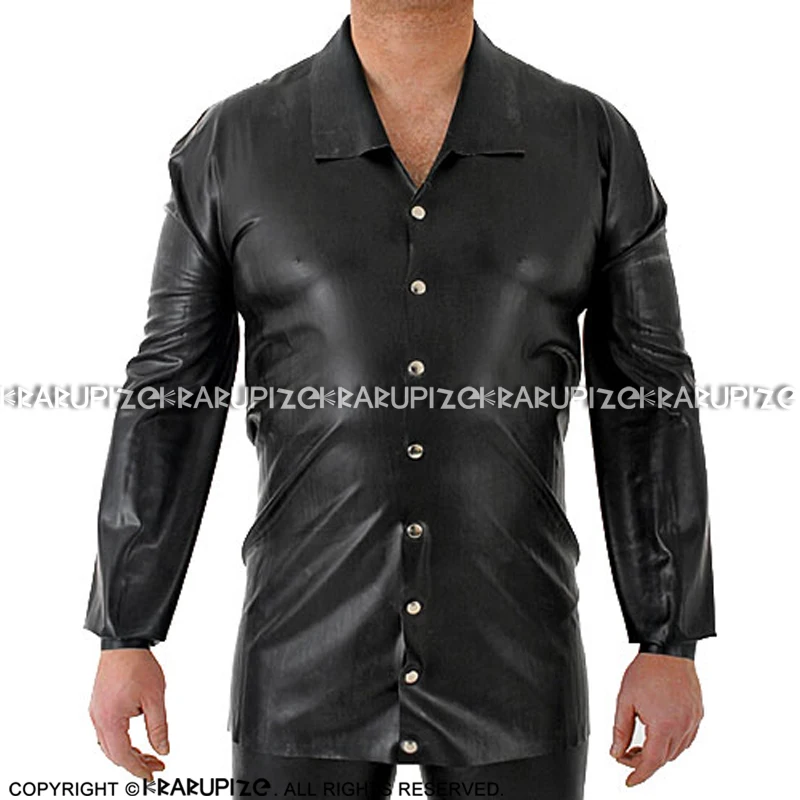 Black Sexy Long Latex Jacket With Turn Down Collar Buttons Front Rubber Coat Clothes YF-0205