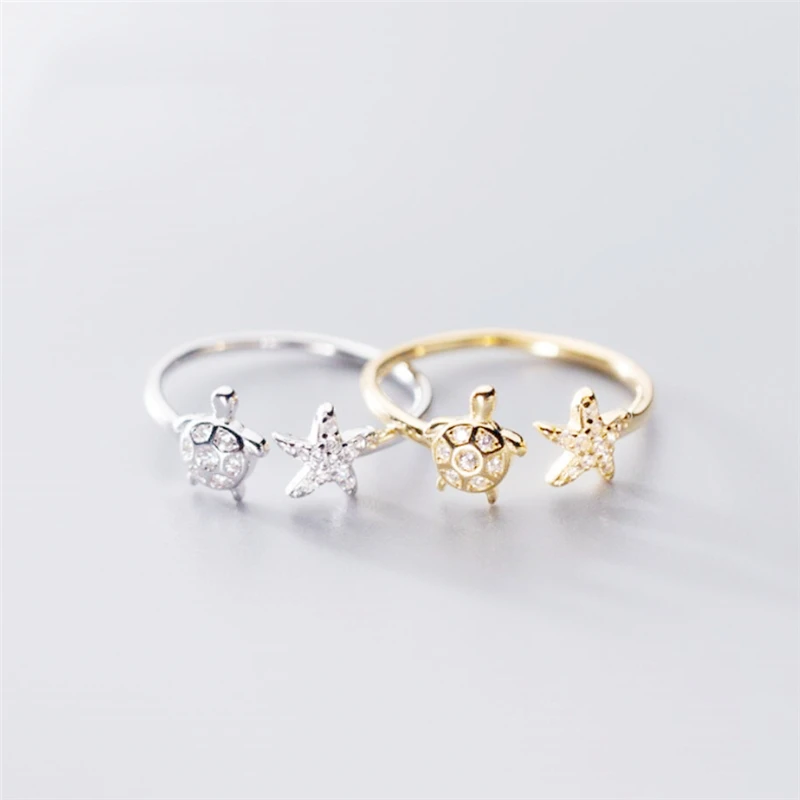 Sole Memory Mini Cute Zircon Turtle Starfish Tortoise Silver Color Female Resizable Opening Rings SRI974