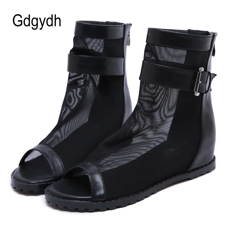 Gdgydh Vintage Women Summer Shoes Peep Toe Ankle Boots Mesh Net Breathable Wedge Hiden Heels Summer Bootie Belt Buckle Dorpship