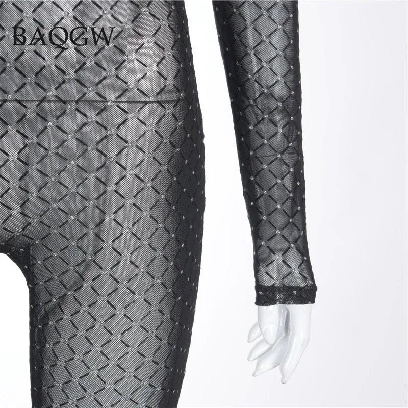 Mesh Plaid Sheer Jumpsuit Women Turtleneck Full Sleeve Streetwear Sexy See Through Skinny Night Clubwear Zip One Piece Outfits