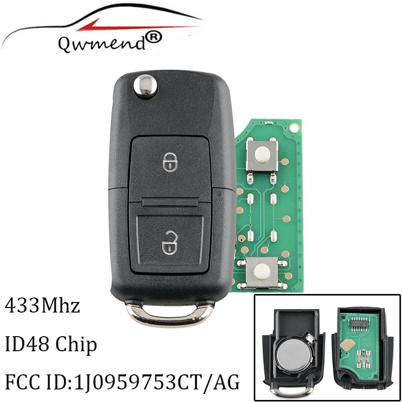 Chiave remota a 2 pulsanti per SKODA 1 j0 959 753 CT 433mhz per SKODA Fabia Superb Octavia 2001-2009 chiave originale + Chip ID48