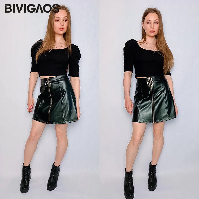 BIVIGAOS New Women\'s Large Ring Zipper PU Leather Skirt A-line Black High Waist Skirt Women Gothic Mini Skirt