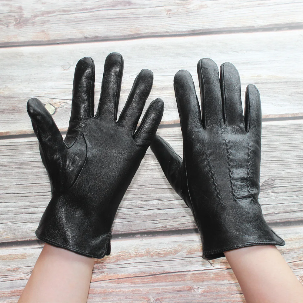Guantes de piel de oveja para hombre, manoplas clásicas de cuero, resistentes al desgaste, de terciopelo, cálidas, para invierno, novedad