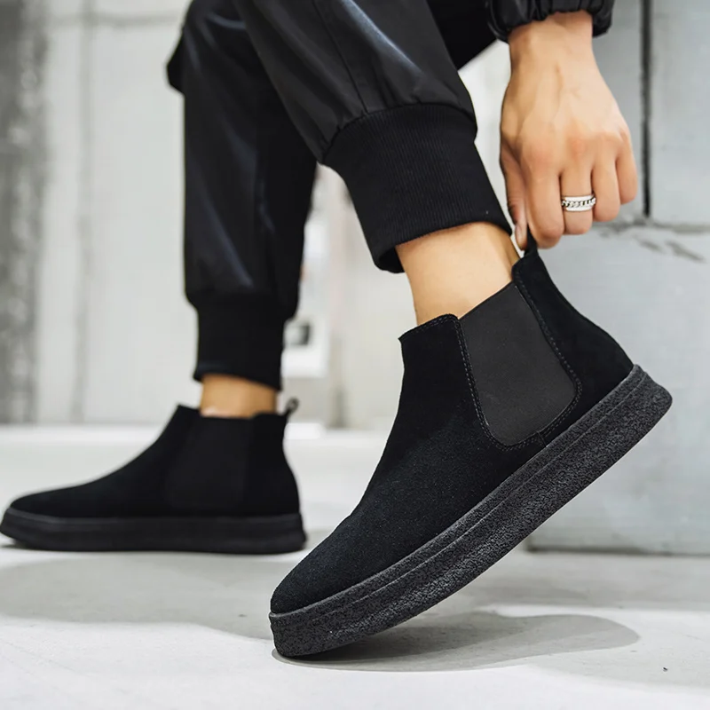 New Casual Autumn Winter Slip-On Men Shoes British Cow Suede Tooling Ankle Boots Platform Dress Chelsea Boots Work Luxury Shoes