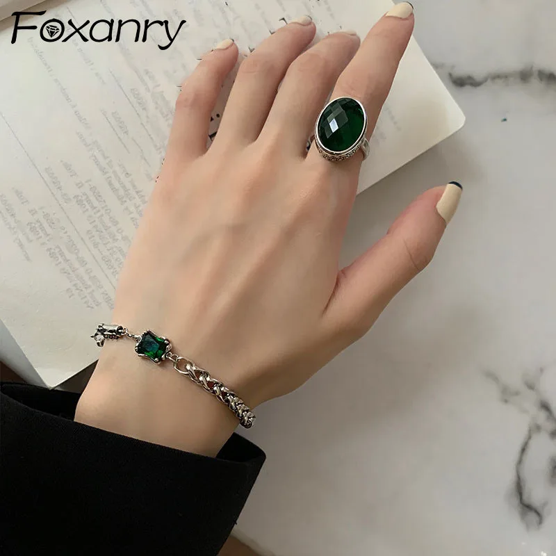 FOXANRY Stamp Bracelets for Women Trendy Elegant Charming Vintage Unique Chain Green Zircon Birthday Party Jewelry