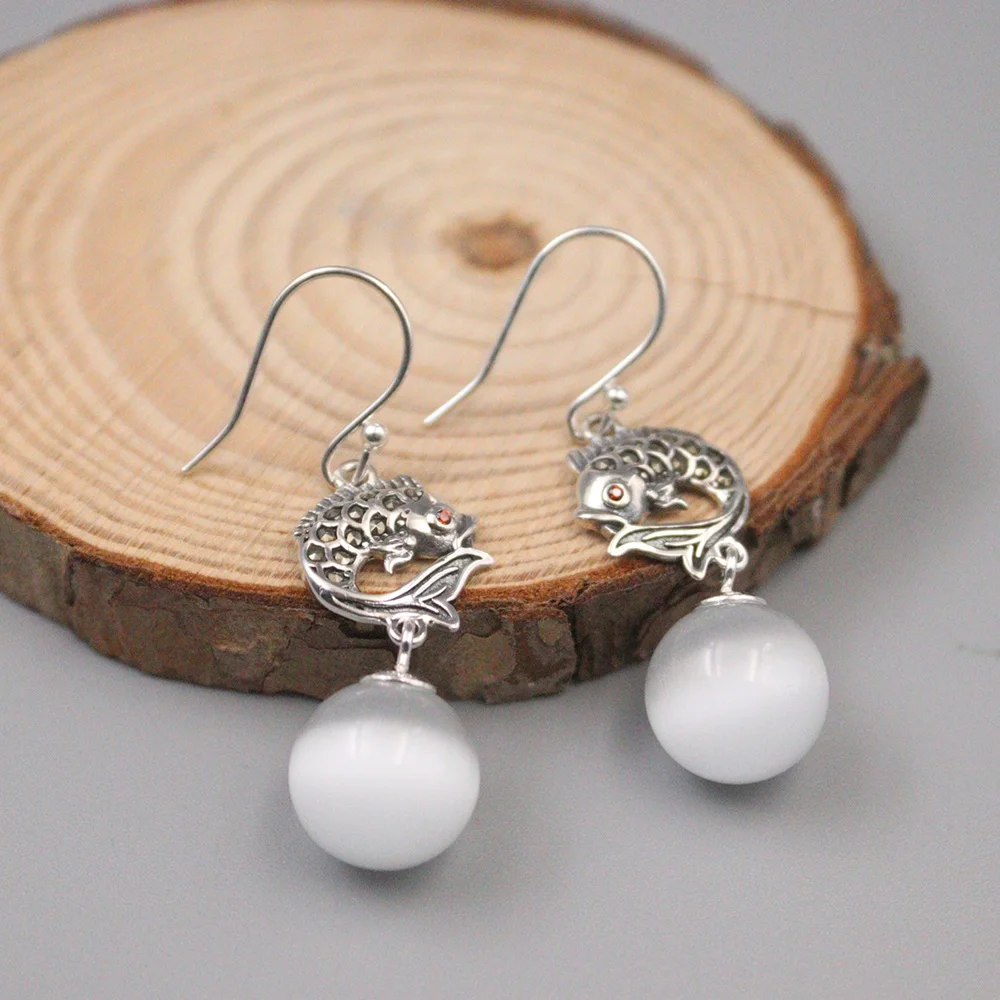 

Genuine Real 925 Sterling Silver Fish With White Chalcedony Bead Dangle Earrings 45mm Length