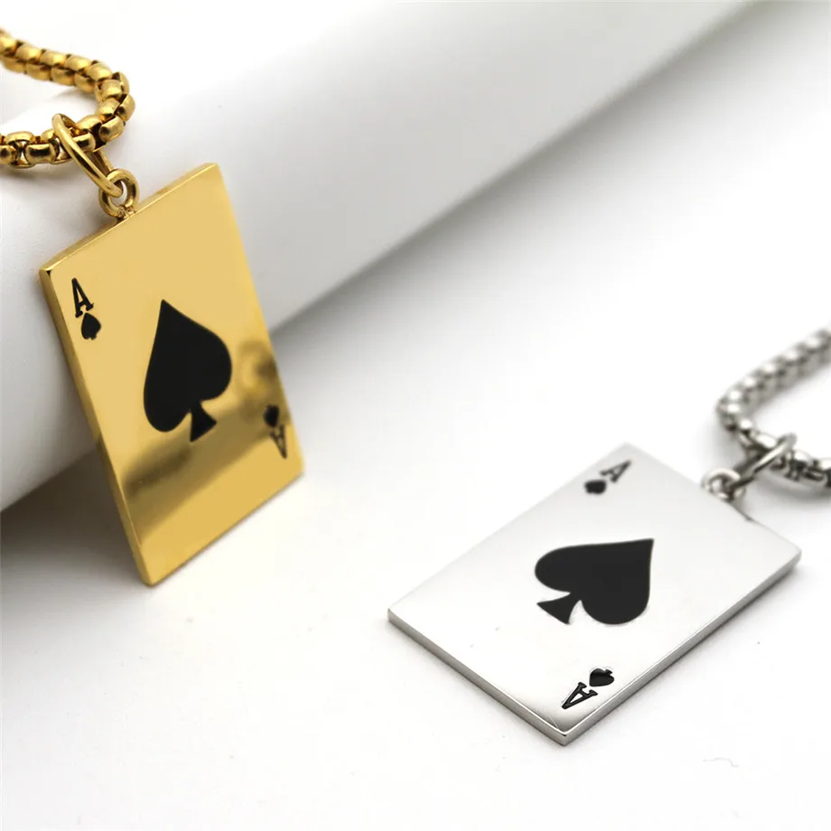 

Lucky Ace Of Spades Men Statement Playing Card Poker Pendant Necklace Gold/Silver Color Stainless Steel Fashion Jewelry Gift