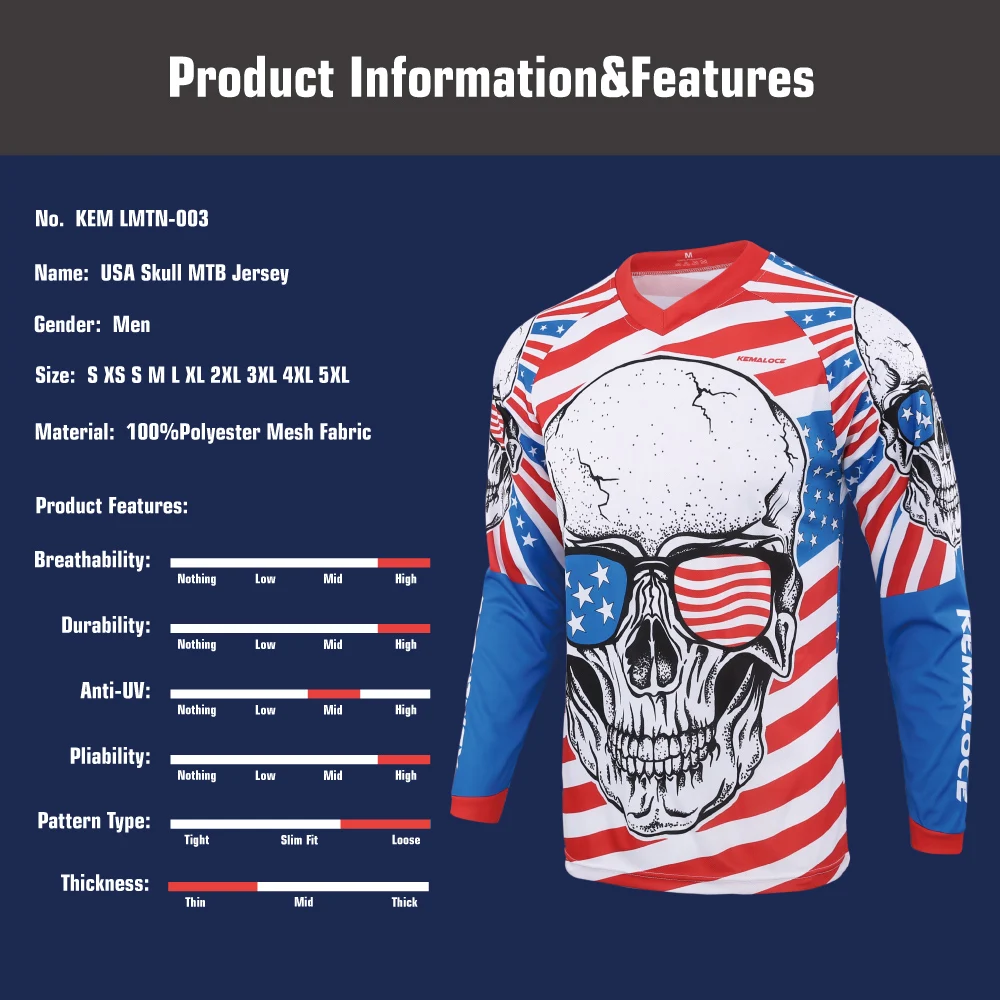 KEMALOCE Blue Full Sleeve Downhill Mtb Jersey Enduro Motocross Men USA Mountain Bike Jersey Unisex Skull BMX Downhill Shirt Tops