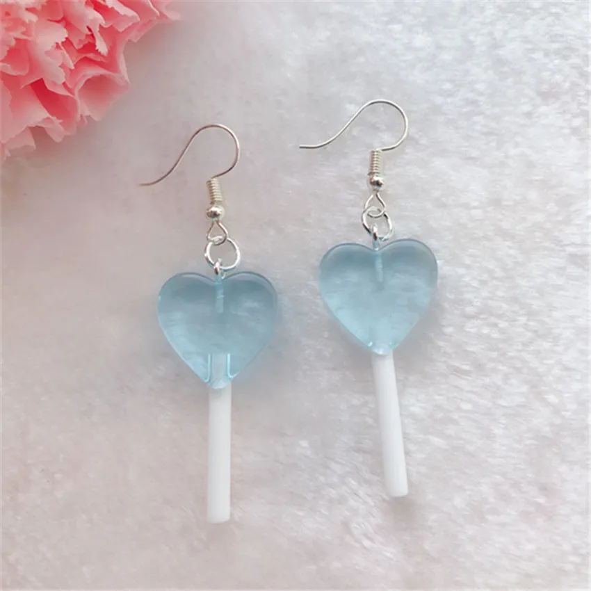 1Pair Cute Woman Drop Earrings Flatback Resin Heart Lollipops Multicolor Candy Fashion Jewelry For Girl