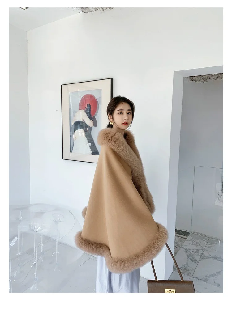 Luxurious 100% Wool Wraps Cape with Real Fox Fur Trim and Inside Hook Scarf Shawl White Brial Cape