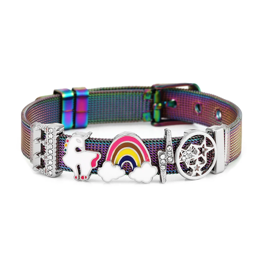 Hip Hop Style Stainless Steel Mesh Bracelets For Women Men Unicorn Rainbow Star Lightning Charm Watch Bracelet Jewelry Gift image 5