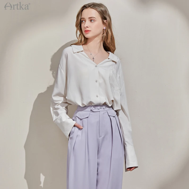 ARTKA 2021 primavera nuove donne camicetta elegante 2 colori scollo a v camicia in Chiffon manica lunga sciolto morbido camicie di raso con telai SA25110C