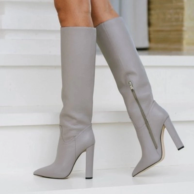 Newest Paris Matte Leather Thick Chunky Heels Boots Pointed Toe Zipper Tight Knee High Boots Brown Black Gray Leather Tall Boots