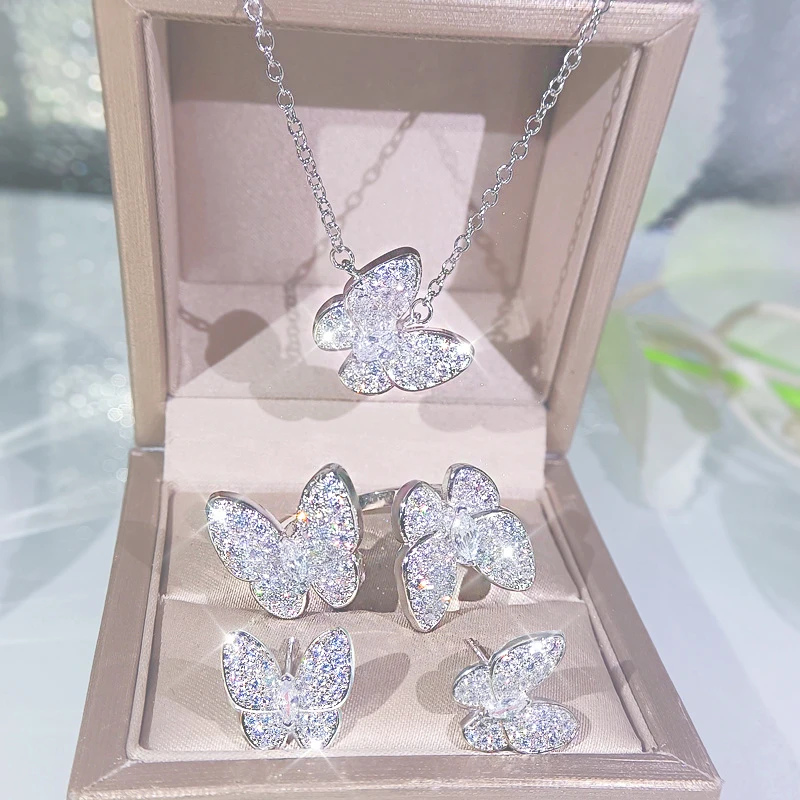 Elegant Cute BlingSilver Color Fashion Water Drop Cubic Zircon Butterfly Set Earring for Woman Necklace Wedding Jewelry