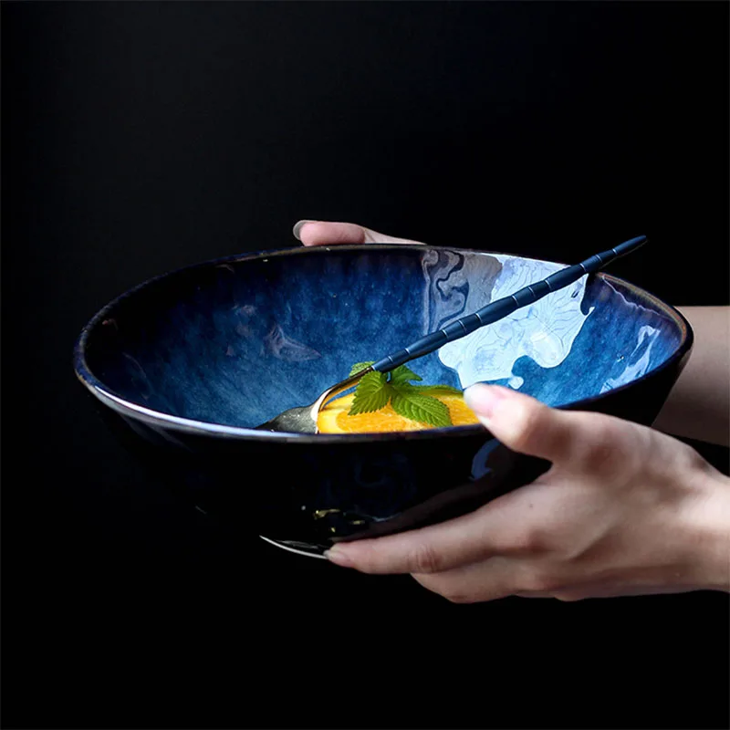 KINGLANG Blue Colored 3 Sizes Ceramic Bowls Nordic Salad Noodle Big Soup Bowl Wholesale Restaurant Tableware Supplies