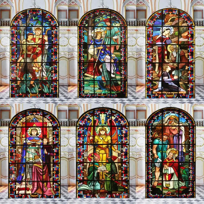 Stained Glass Sticker Htv Heat Transfer Vinyl Self-Adhesive Opaque Window Film Vintage Reglious Church Character Decor Privacy