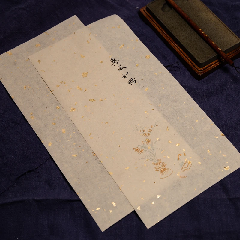 Chinese Vintage Xuan Paper Letterhead 50sheets Retro Half Ripe Calligraphy Paper with Golden Spot Calligraphy Paper Letterhead