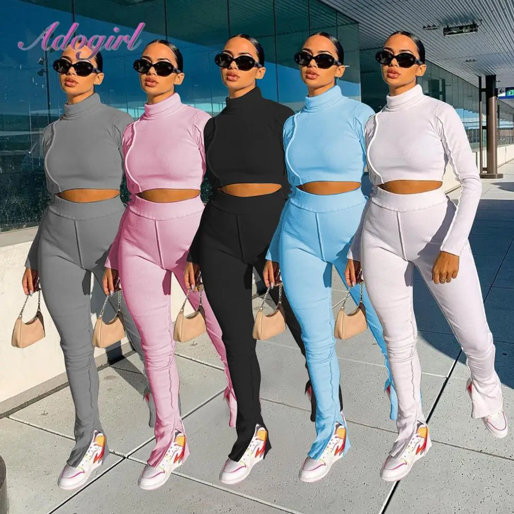 

Fitness Ribbed Knitted Active Tracksuit Solid Long Sleeve Crop Tops Sweatshirt Bell Buttom Legging Pant Set Jogger Two Piece Set