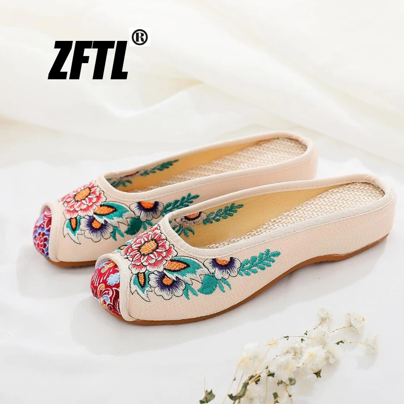 ZFTL Chinese traditional cloth shoes women embroidered ethnic sandals slippers home slippers Internal increase female handmade