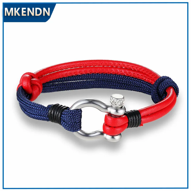 MKENDN Bracelets Stainless Steel Screw Anchor Shackles Black Leather Bracelet Surf Nautical Sailor Men Wristband Fashion Jewelry