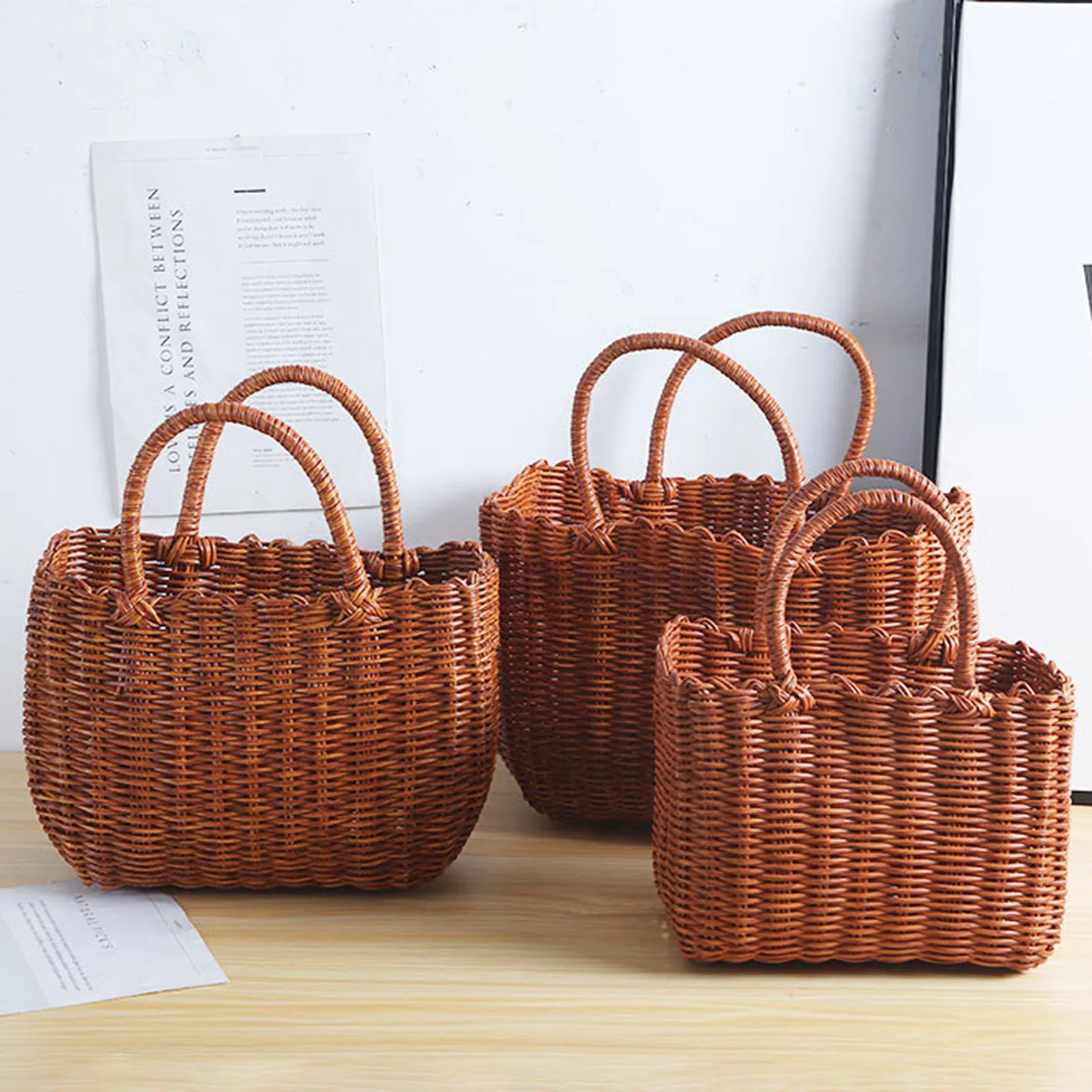 Woven Picnic Handmade Plastic Basket With Handle Natural Woven Storage Organizer Blanket Rattan for Grocery Shopping