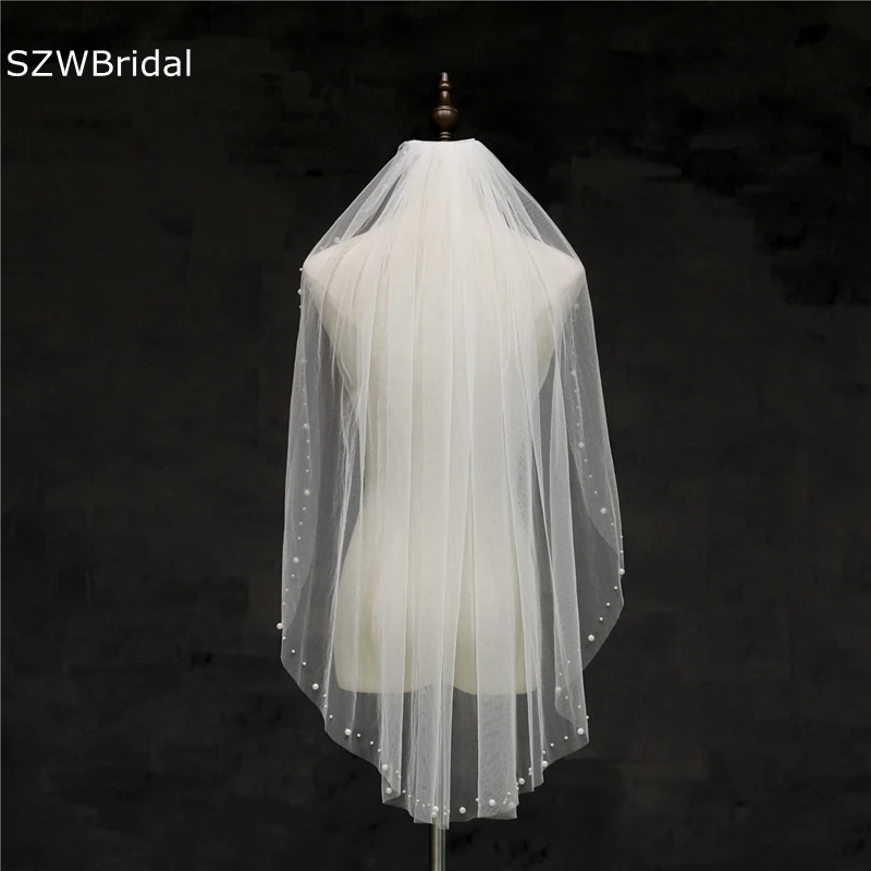 New Arrival One Layers Bride short veil Cheap wedding accessories Pearls Beaded Wedding veils Velos de novia Casamento