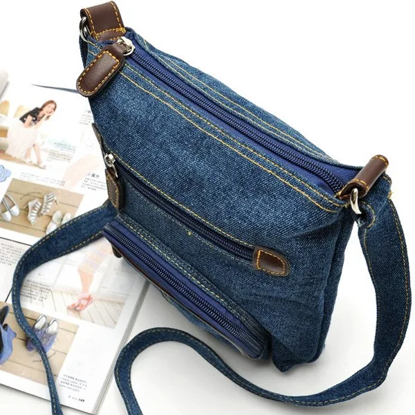 Women Casual Shoulder Denim Bag Adjustable Shoulder Strap Multi Pocket Blue Cowboy Crossbody Bags