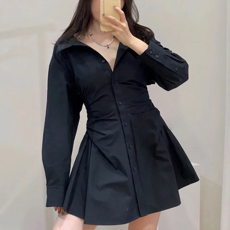 TWOTWINSTYLE White Ruched Shirt Dress For Women Lapel Long Sleeve High Waist Mini Dresses Female Fashion New Clothing 2022