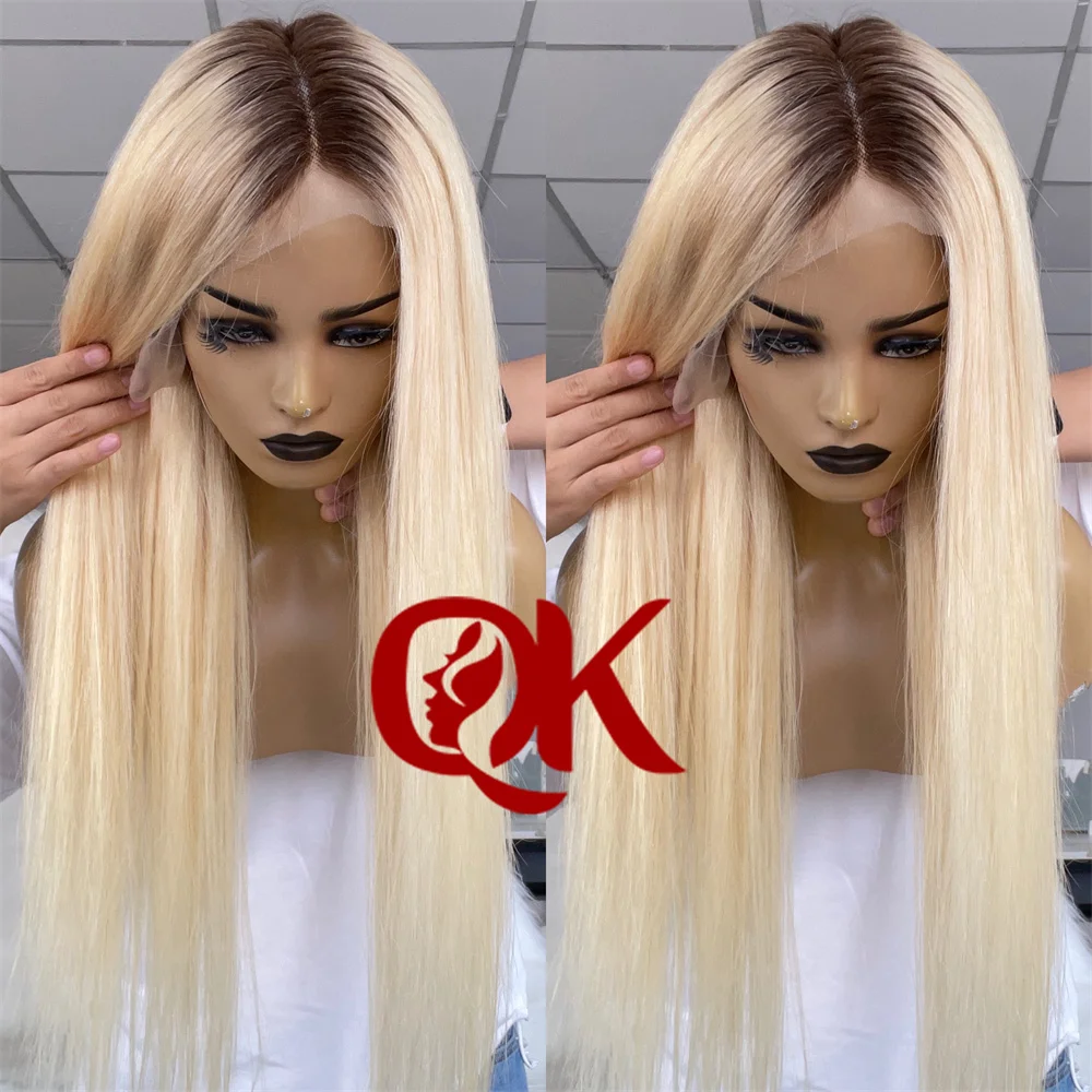 QueenKing hair 13*6 Wig 180% Density Ombre Blonde 4/613 Lace Front Wig Silky Straight Preplucked Hairline Brazilian Human Hair