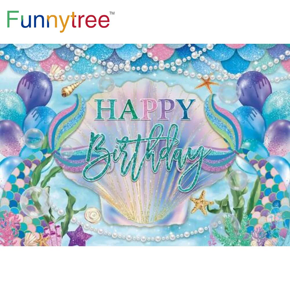 

Funnytree Mermaid Theme Birthday Party Backdrop Princess 1st Girl Baby Shower Pearls Under the Sea Shell Photozone Background