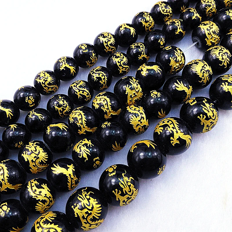 

Black Chalcedony Carve Dragon Round Loose String Beads Tibetan Jewelry Findings Beads-DIY