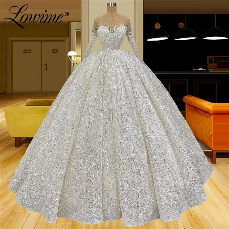 

Lowime Muslim Beads Sequins Wedding Dresses 2022 Long Sleeves Dubai Arabic A-Line Bridal Gowns Vestido De Noiva Bride Dresses