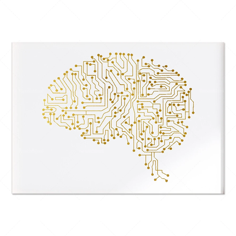 With heart-shaped watercolor printing, circuit heart human head brain computer watercolor art circuit board poster printing