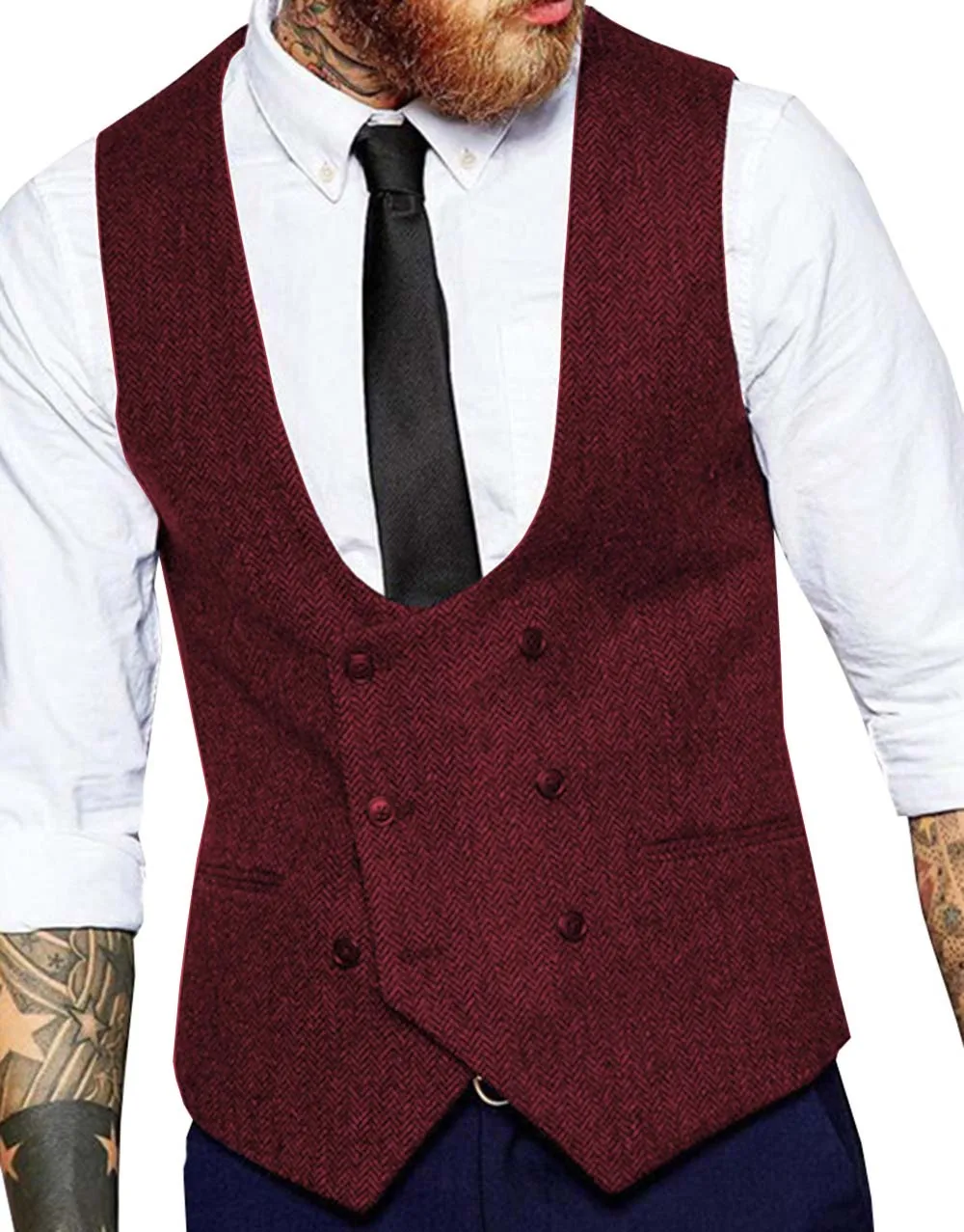 2022 New Men's Double-breasted Vest Woolen/Tweed Suit Vest Casual Top Quality Herringbone Pattern Waistcoat Groomsmen