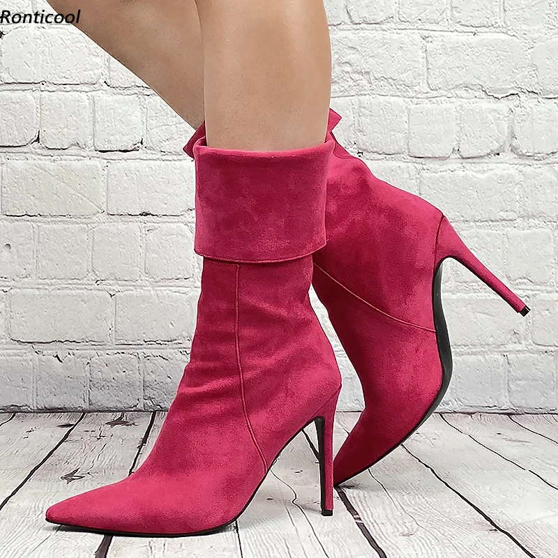 

Ronticool Women Winter Ankle Boots Suede Fold Edge Sexy Stiletto Heels Pointed Toe 10 Colors Party Shoes Women Plus US Size 5-15