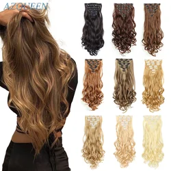 Synthetic Long Wavy  16 clips Hair Extensions Clips in High Temperature Fiber Black Brown Hairpiece