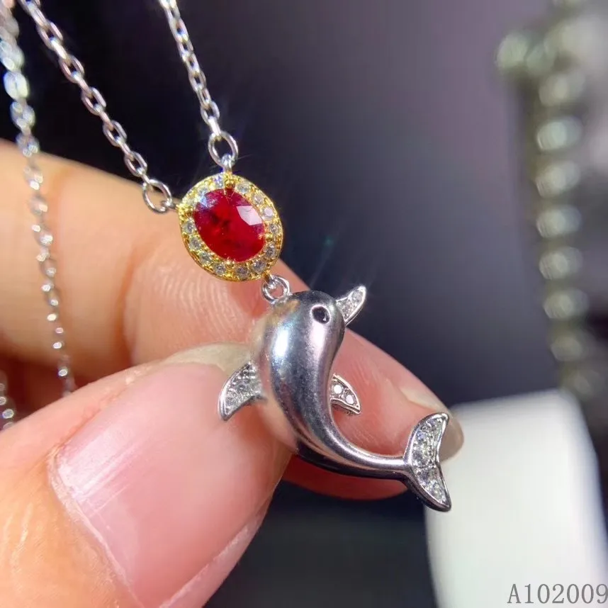 

KJJEAXCMY fine jewelry 925 Sterling Silver inlaid natural ruby lovely dolphin girl new Pendant Necklace support test