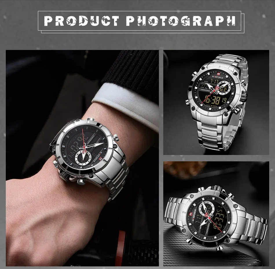 NAVIFORCE 9163 Luxus Original Sport Armbanduhr Für Männer Quarz Stahl Wasserdicht Dual Display Militär Uhren Relogio Masculino – Detail 9