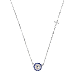 blue CZ evil eye disco charm cz cross dainty silver chain girl women evil eye jewelry 925 sterling silver lucky eye necklace