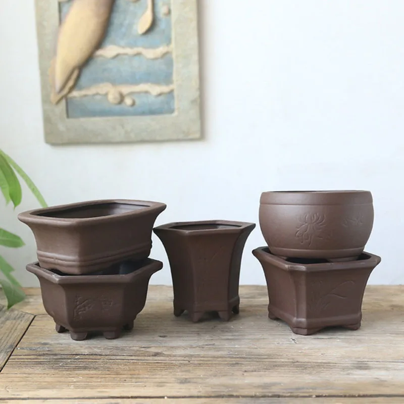 Black Pottery Earthen Burn Ceramic Crafts Flowerpot Plum Orchid Bamboo Chrysanthemum Succulent Plant Pot Breathable Vase Decor