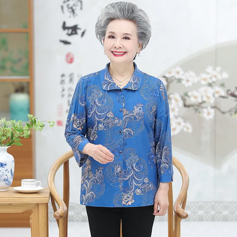 Women\'s Blouses Spring Plus Size Long Sleeve Shirts Middle-aged Old Mother\'s Casual Print Shirt Loose Grandma Tops 4XL W1958