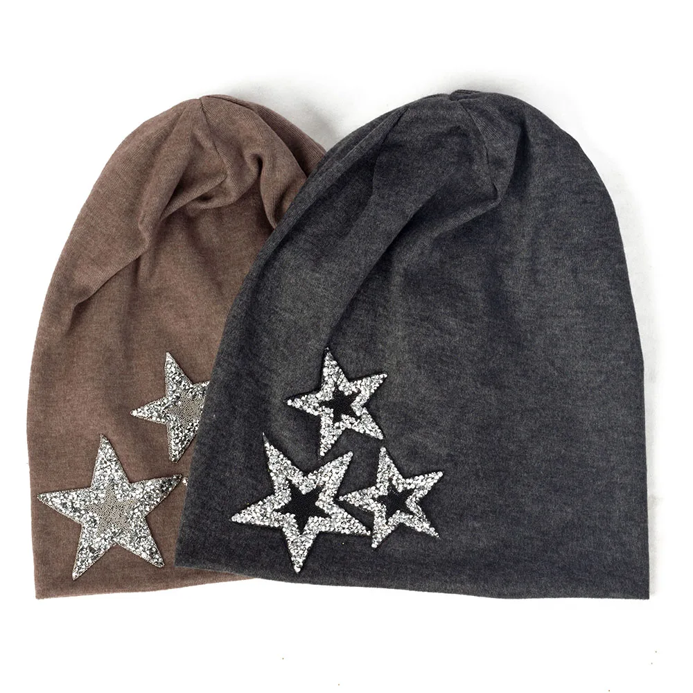 Geebro Women Slouchy Fashion Beanies Rhinestones Shining Star Soft Cotton Solid Color Womens Girls Hat Bonnet Femme Cap