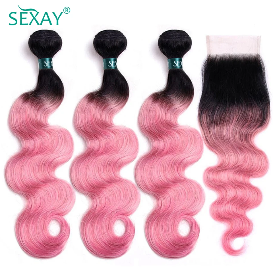 Sexay Ombre Pink Body Wave Bundles With Closure Brazilian Human Hair Dark Roots 1B Pink Bundles With HD Transparent Lace Closure