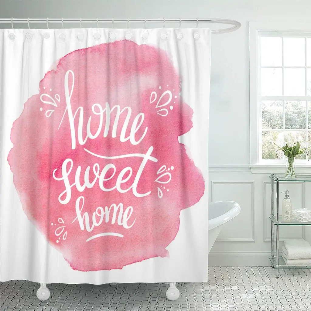 Beautiful Watercolor Pink Lettering Home Sweet Bright Day Drawn Shower Curtain Waterproof Polyester Fabric 72 x 78 inches Set