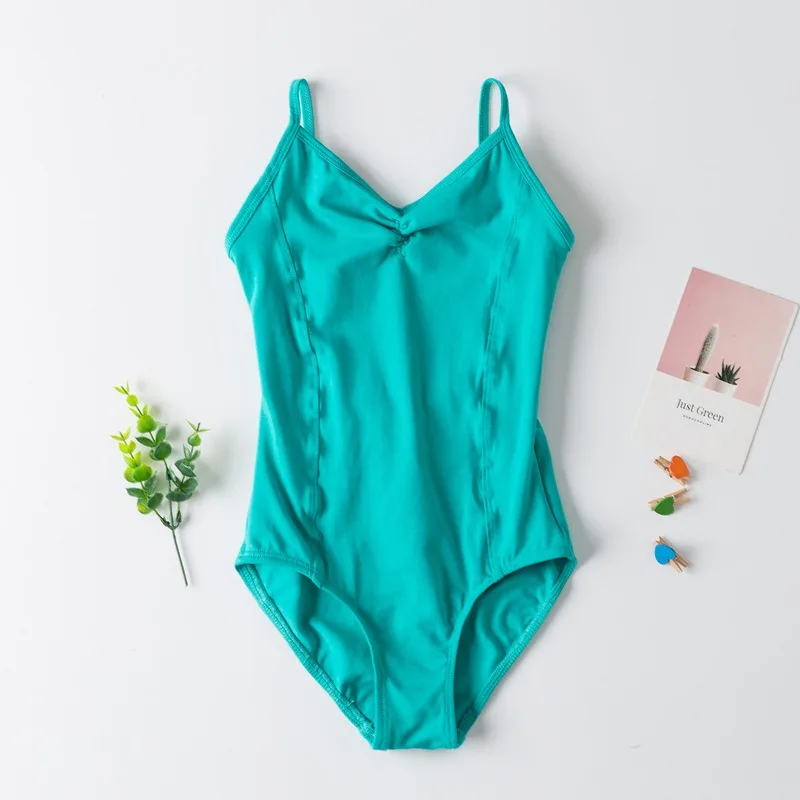 Leotardo camisola con tirantes para niña, vestido de tutú de baile de Ballet Gimnástico, falda de leotardo de espalda baja, Ropa de baile básica de algodón, verde oscuro