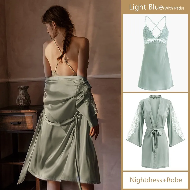 Robe Sets Night Dress Women Satin Sleepwear Bride Bridesmaid Wedding Gift Sexy Lace Nightgown Kimono Bathrobe Gown